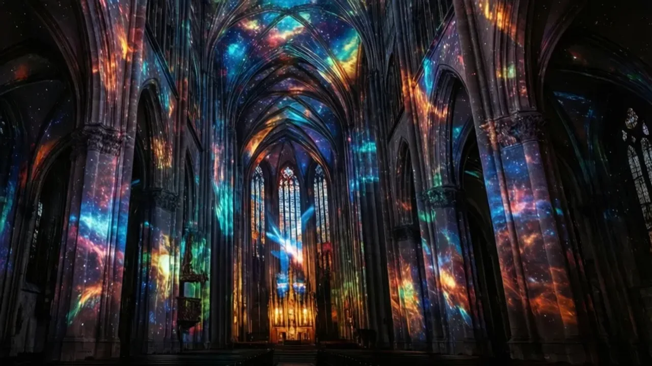 Genesis Warszawa: Immersyjny pokaz świetlny Eonarium w Warszawie Immersyjne mapowanie wideo podczas pokazu Genesis Warszawa w zabytkowym wnętrzu kościoła.