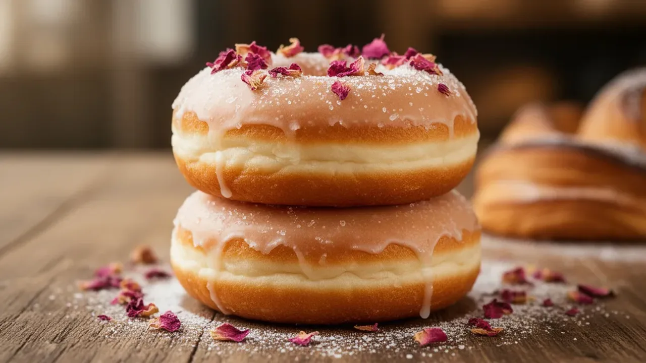 Najlepsze pączki w Warszawie: kompletny przewodnik na Tłusty Czwartek Najlepsze pączki w Warszawie z konfiturą różaną i lukrem na drewnianym stole w cukierni.